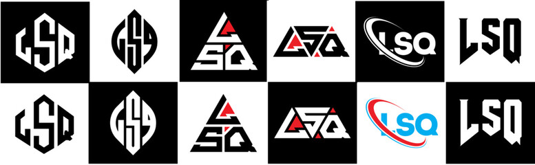 LSQ letter logo design in six style. LSQ polygon, circle, triangle, hexagon, flat and simple style with black and white color variation letter logo set in one artboard. LSQ minimalist and classic logo