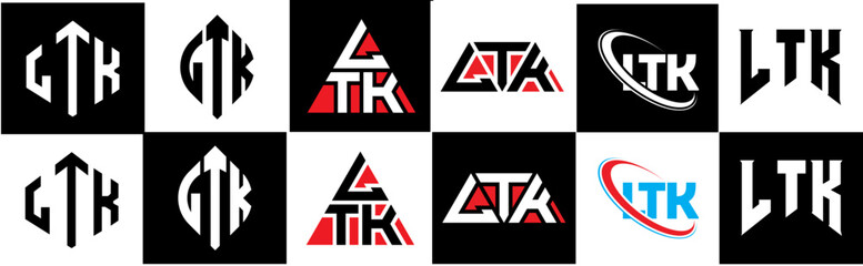 LTK letter logo design in six style. LTK polygon, circle, triangle, hexagon, flat and simple style with black and white color variation letter logo set in one artboard. LTK minimalist and classic logo