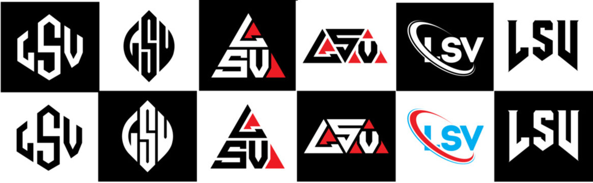 LSV letter logo design in six style. LSV polygon, circle, triangle, hexagon, flat and simple style with black and white color variation letter logo set in one artboard. LSV minimalist and classic logo