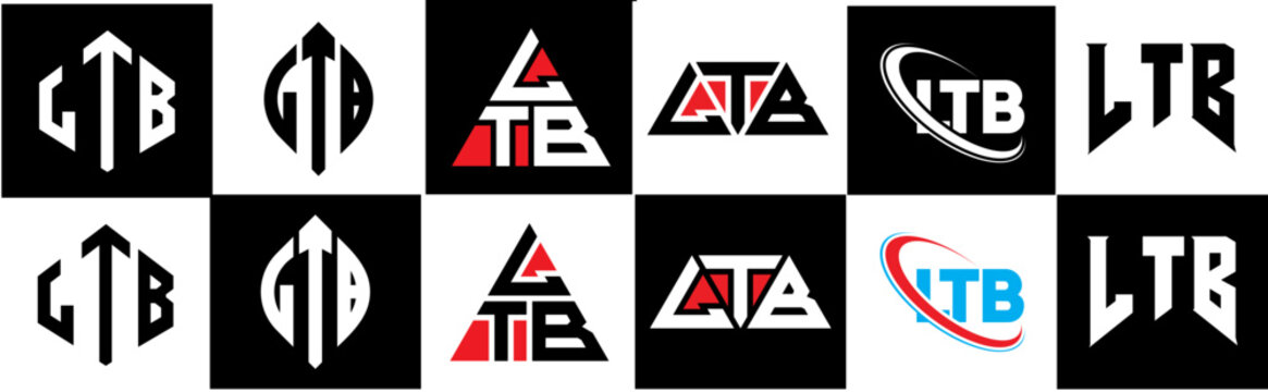 LTB letter logo design in six style. LTB polygon, circle, triangle, hexagon, flat and simple style with black and white color variation letter logo set in one artboard. LTB minimalist and classic logo
