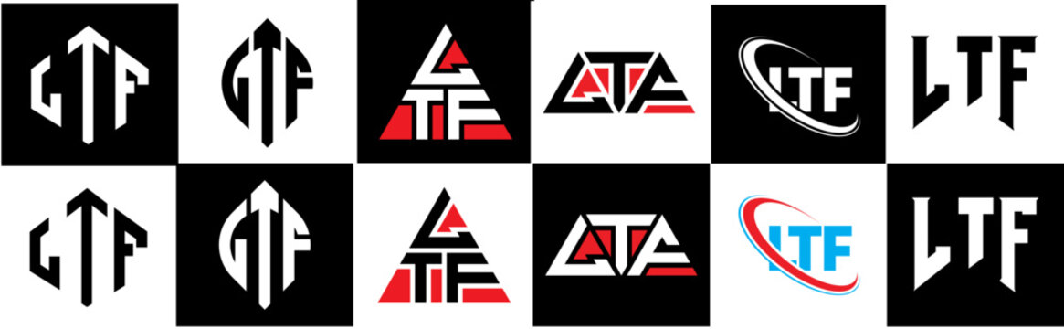 LTF letter logo design in six style. LTF polygon, circle, triangle, hexagon, flat and simple style with black and white color variation letter logo set in one artboard. LTF minimalist and classic logo