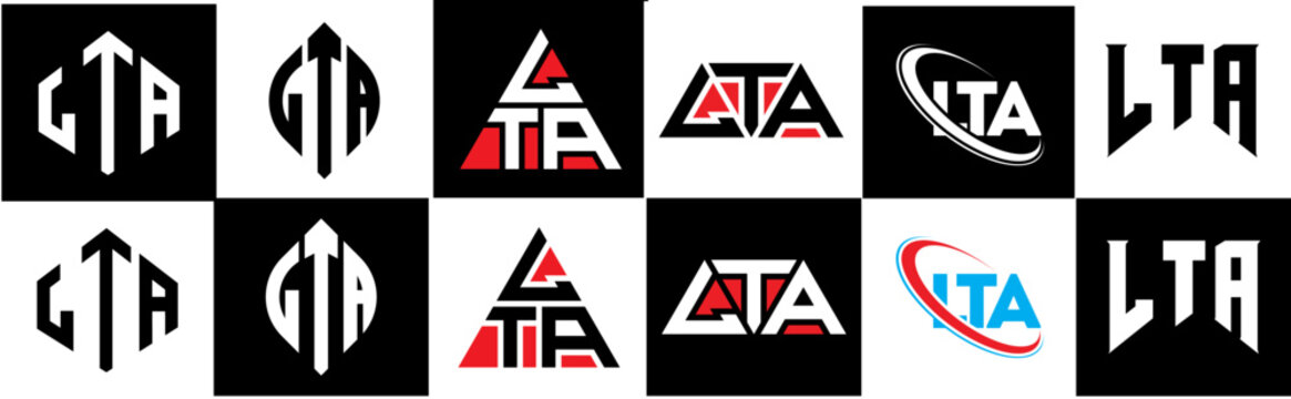 LTA letter logo design in six style. LTA polygon, circle, triangle, hexagon, flat and simple style with black and white color variation letter logo set in one artboard. LTA minimalist and classic logo