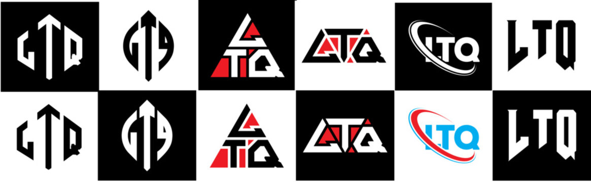 LTQ letter logo design in six style. LTQ polygon, circle, triangle, hexagon, flat and simple style with black and white color variation letter logo set in one artboard. LTQ minimalist and classic logo