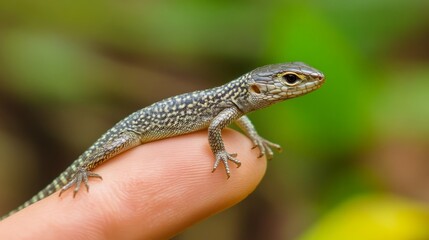 Fototapeta premium Green lizard on the finger, high-resolution stock photography, high-definition realistic photography, highly detailed 