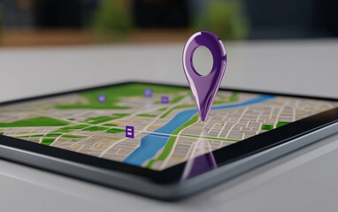 Map with location pin on tablet displaying city map. Location pin on map. Map on tablet