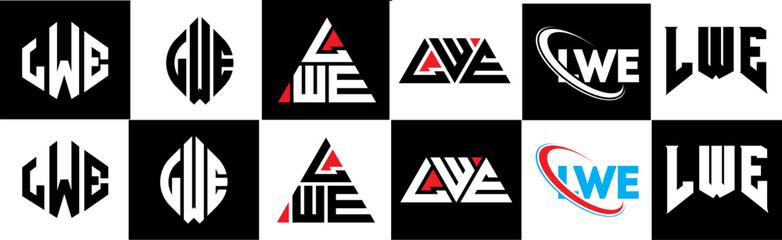 LWE letter logo design in six style. LWE polygon, circle, triangle, hexagon, flat and simple style with black and white color variation letter logo set in one artboard. LWE minimalist and classic logo