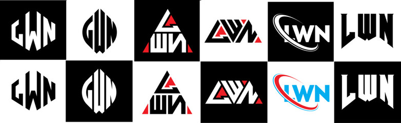 LWN letter logo design in six style. LWN polygon, circle, triangle, hexagon, flat and simple style with black and white color variation letter logo set in one artboard. LWN minimalist and classic logo