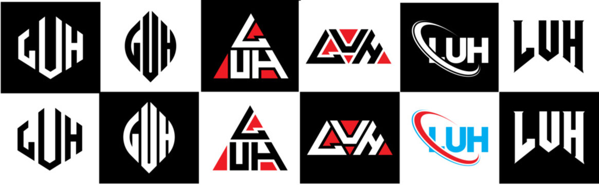 LUH letter logo design in six style. LUH polygon, circle, triangle, hexagon, flat and simple style with black and white color variation letter logo set in one artboard. LUH minimalist and classic logo