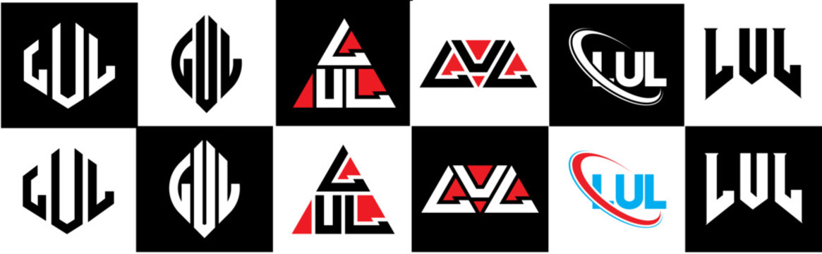 LUL letter logo design in six style. LUL polygon, circle, triangle, hexagon, flat and simple style with black and white color variation letter logo set in one artboard. LUL minimalist and classic logo