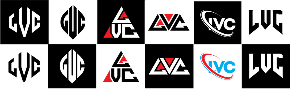 LVC letter logo design in six style. LVC polygon, circle, triangle, hexagon, flat and simple style with black and white color variation letter logo set in one artboard. LVC minimalist and classic logo