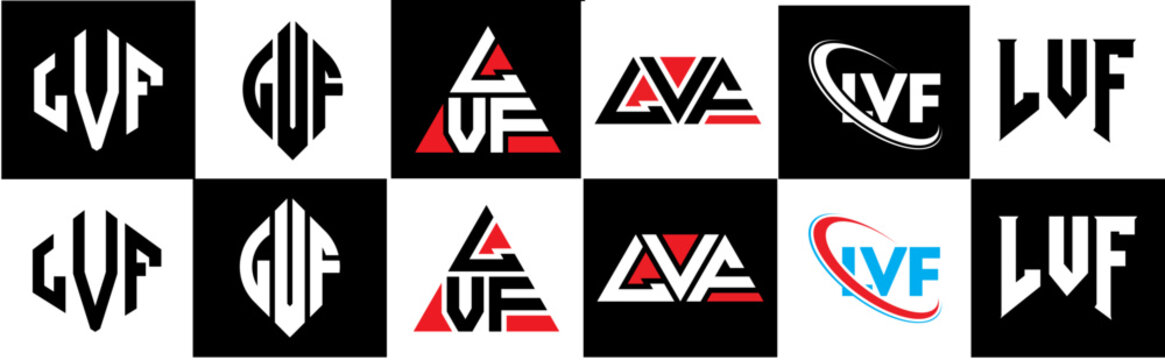 LVF letter logo design in six style. LVF polygon, circle, triangle, hexagon, flat and simple style with black and white color variation letter logo set in one artboard. LVF minimalist and classic logo