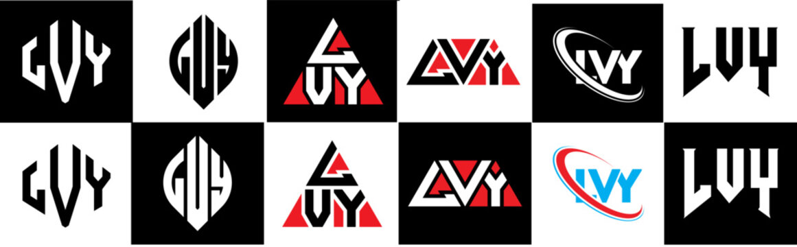 LVY letter logo design in six style. LVY polygon, circle, triangle, hexagon, flat and simple style with black and white color variation letter logo set in one artboard. LVY minimalist and classic logo