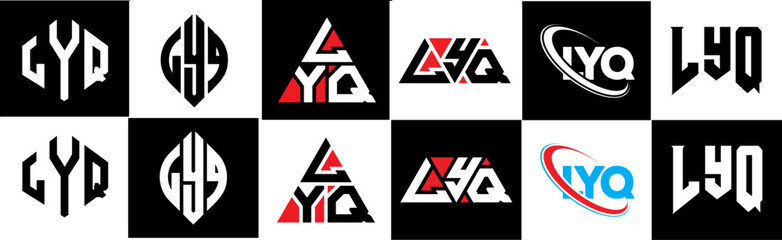 LYQ letter logo design in six style. LYQ polygon, circle, triangle, hexagon, flat and simple style with black and white color variation letter logo set in one artboard. LYQ minimalist and classic logo