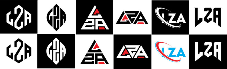 LZA letter logo design in six style. LZA polygon, circle, triangle, hexagon, flat and simple style with black and white color variation letter logo set in one artboard. LZA minimalist and classic logo