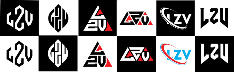 LZV letter logo design in six style. LZV polygon, circle, triangle, hexagon, flat and simple style with black and white color variation letter logo set in one artboard. LZV minimalist and classic logo