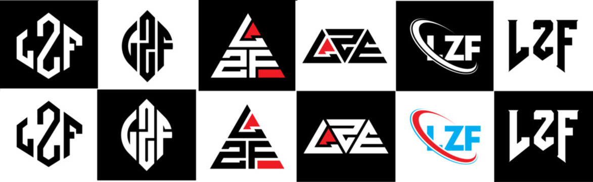LZF letter logo design in six style. LZF polygon, circle, triangle, hexagon, flat and simple style with black and white color variation letter logo set in one artboard. LZF minimalist and classic logo
