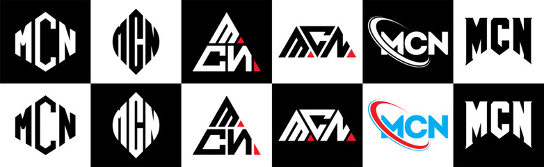 MCN letter logo design in six style. MCN polygon, circle, triangle, hexagon, flat and simple style with black and white color variation letter logo set in one artboard. MCN minimalist and classic logo