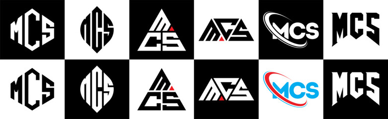 MCS letter logo design in six style. MCS polygon, circle, triangle, hexagon, flat and simple style with black and white color variation letter logo set in one artboard. MCS minimalist and classic logo