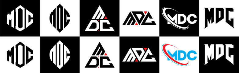 MDC letter logo design in six style. MDC polygon, circle, triangle, hexagon, flat and simple style with black and white color variation letter logo set in one artboard. MDC minimalist and classic logo