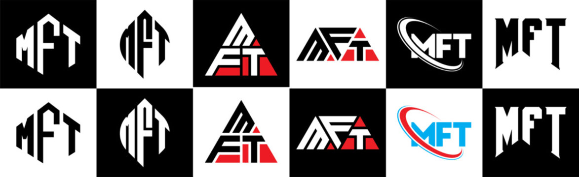 MFT letter logo design in six style. MFT polygon, circle, triangle, hexagon, flat and simple style with black and white color variation letter logo set in one artboard. MFT minimalist and classic logo