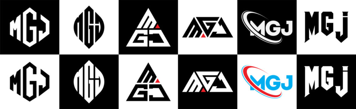 MGJ letter logo design in six style. MGJ polygon, circle, triangle, hexagon, flat and simple style with black and white color variation letter logo set in one artboard. MGJ minimalist and classic logo
