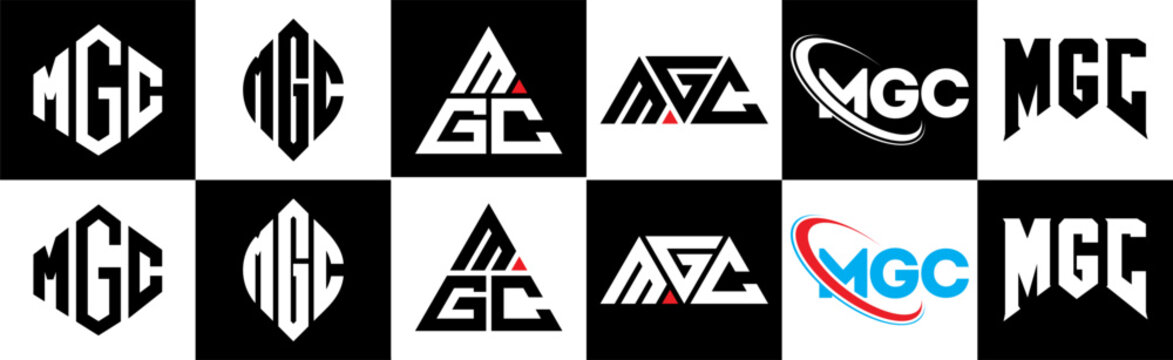 MGC letter logo design in six style. MGC polygon, circle, triangle, hexagon, flat and simple style with black and white color variation letter logo set in one artboard. MGC minimalist and classic logo