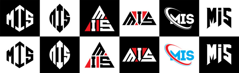 MIS letter logo design in six style. MIS polygon, circle, triangle, hexagon, flat and simple style with black and white color variation letter logo set in one artboard. MIS minimalist and classic logo © mamun25g