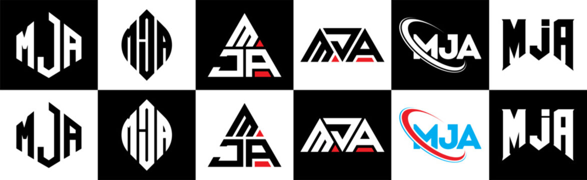 MJA letter logo design in six style. MJA polygon, circle, triangle, hexagon, flat and simple style with black and white color variation letter logo set in one artboard. MJA minimalist and classic logo