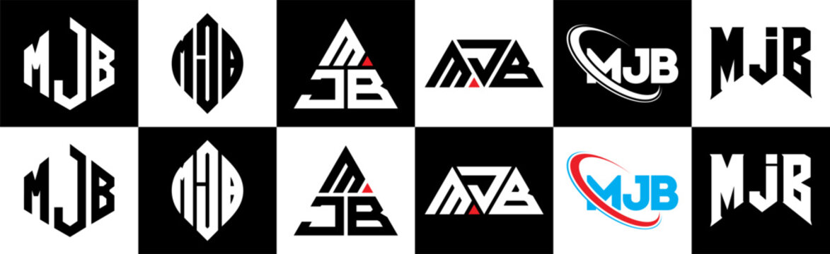 MJB letter logo design in six style. MJB polygon, circle, triangle, hexagon, flat and simple style with black and white color variation letter logo set in one artboard. MJB minimalist and classic logo