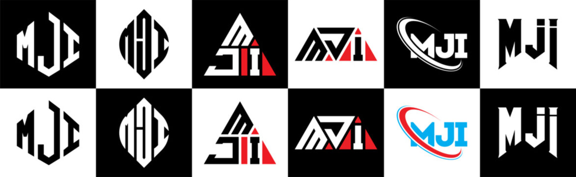MJI letter logo design in six style. MJI polygon, circle, triangle, hexagon, flat and simple style with black and white color variation letter logo set in one artboard. MJI minimalist and classic logo