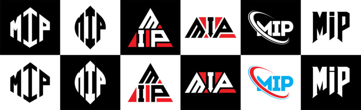 MIP letter logo design in six style. MIP polygon, circle, triangle, hexagon, flat and simple style with black and white color variation letter logo set in one artboard. MIP minimalist and classic logo