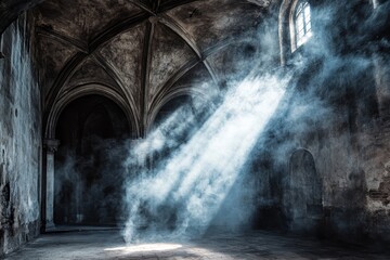 renaissance empty big hall dark gothic light and smoke room