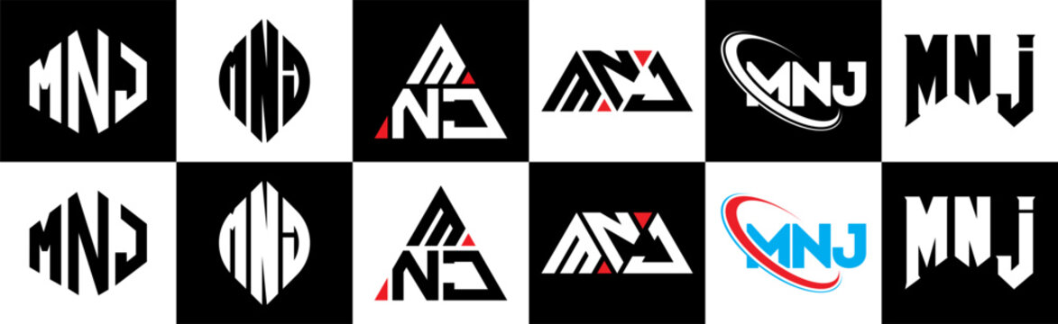 MNJ letter logo design in six style. MNJ polygon, circle, triangle, hexagon, flat and simple style with black and white color variation letter logo set in one artboard. MNJ minimalist and classic logo