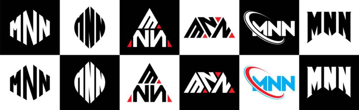 MNN letter logo design in six style. MNN polygon, circle, triangle, hexagon, flat and simple style with black and white color variation letter logo set in one artboard. MNN minimalist and classic logo