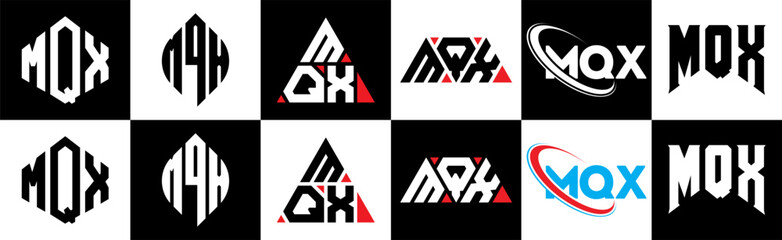 MQX letter logo design in six style. MQX polygon, circle, triangle, hexagon, flat and simple style with black and white color variation letter logo set in one artboard. MQX minimalist and classic logo
