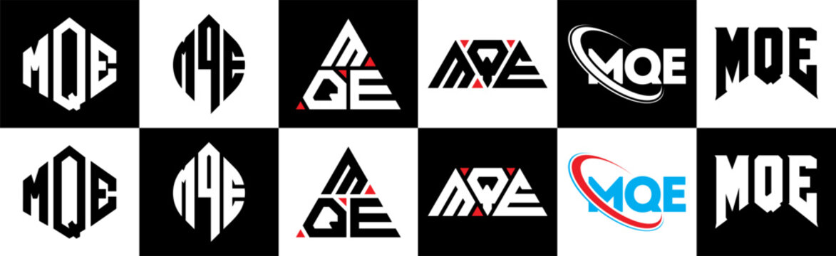 MQE letter logo design in six style. MQE polygon, circle, triangle, hexagon, flat and simple style with black and white color variation letter logo set in one artboard. MQE minimalist and classic logo