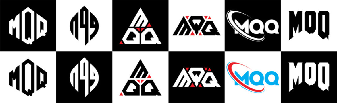 MQQ letter logo design in six style. MQQ polygon, circle, triangle, hexagon, flat and simple style with black and white color variation letter logo set in one artboard. MQQ minimalist and classic logo