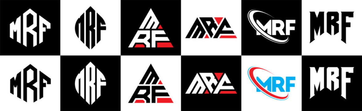 MRF letter logo design in six style. MRF polygon, circle, triangle, hexagon, flat and simple style with black and white color variation letter logo set in one artboard. MRF minimalist and classic logo