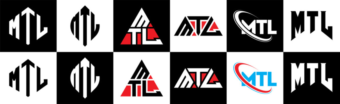 MTL letter logo design in six style. MTL polygon, circle, triangle, hexagon, flat and simple style with black and white color variation letter logo set in one artboard. MTL minimalist and classic logo