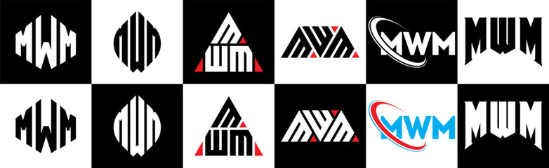 MWM letter logo design in six style. MWM polygon, circle, triangle, hexagon, flat and simple style with black and white color variation letter logo set in one artboard. MWM minimalist and classic logo
