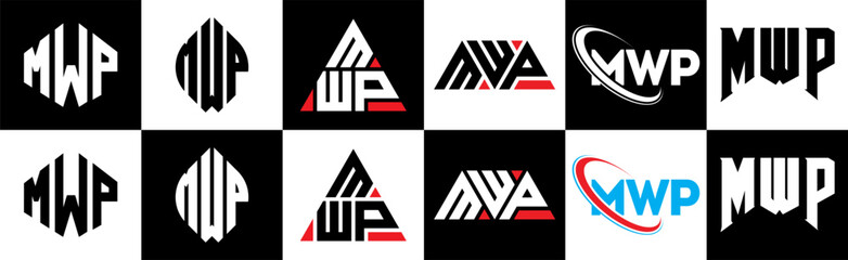 MWP letter logo design in six style. MWP polygon, circle, triangle, hexagon, flat and simple style with black and white color variation letter logo set in one artboard. MWP minimalist and classic logo