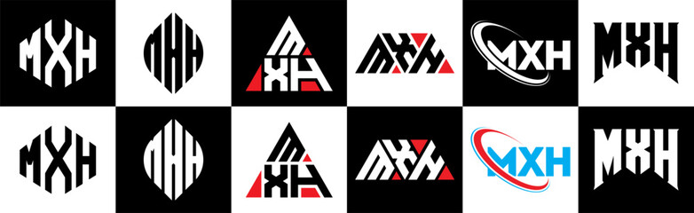 MXH letter logo design in six style. MXH polygon, circle, triangle, hexagon, flat and simple style with black and white color variation letter logo set in one artboard. MXH minimalist and classic logo