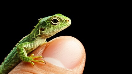 Fototapeta premium Green lizard on the finger, high-resolution stock photography, high-definition realistic photography, highly detailed 