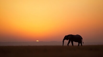 Fototapeta premium Silhouette of elephant at sunrise in savanna. Possible use Nature photography