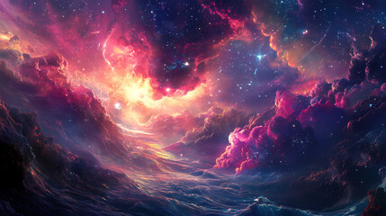Cosmic creation vibrance in surreal landscape with explosive light and flowing river. Cosmic River Gods. Illustration