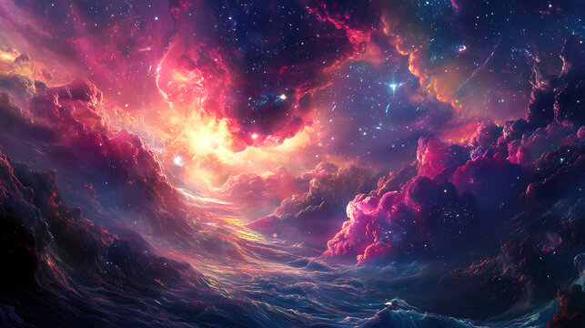 Cosmic creation vibrance in surreal landscape with explosive light and flowing river. Cosmic River Gods. Illustration