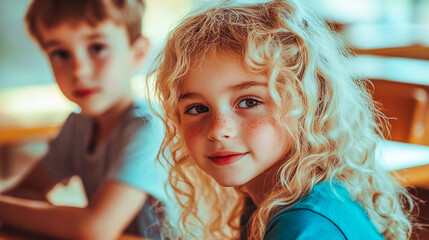Two diligent schoolchildren at a school lesson. Close up portraits of children. Curly white-haired girl and boy looking at the camera. Pretty kids.