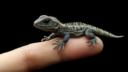 Naklejka premium Green lizard on the finger, high-resolution stock photography, high-definition realistic photography, highly detailed 