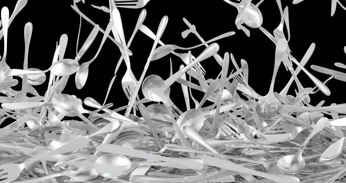 Spoons, forks and knives falling and fill the screen. 3D animation on transparent background