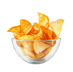 Potato chips in a glass bowl on an isolated transparent background..